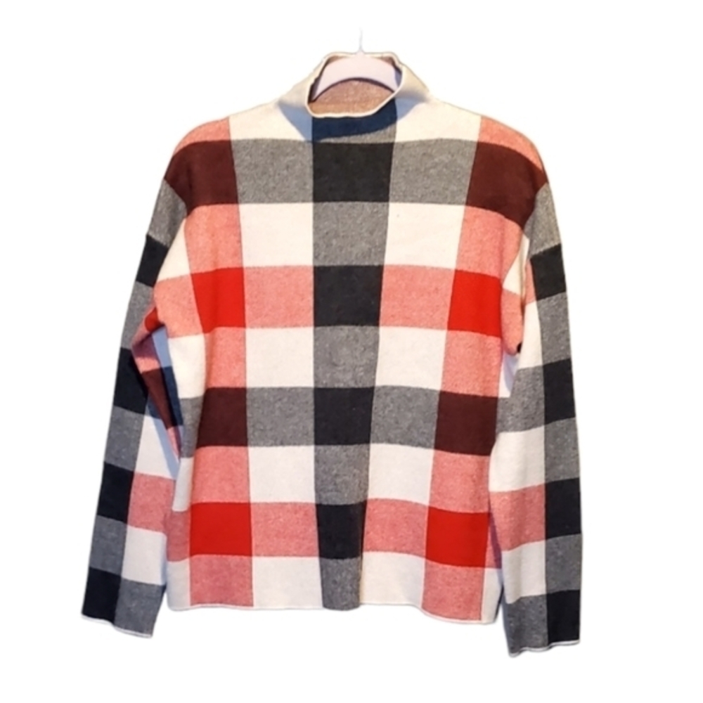 Tahari Checkered‎ Rayon Blend Red Black Mock Neck Knit Sweater Medium